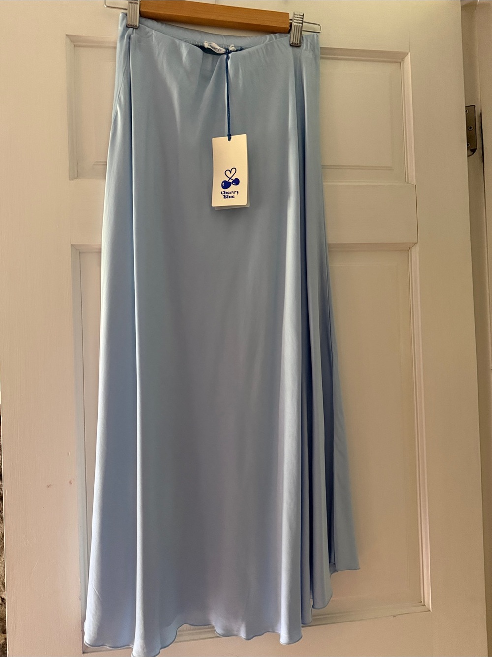 Light Blue Satin Maxi Skirt with Flowing A-Line Silhouette